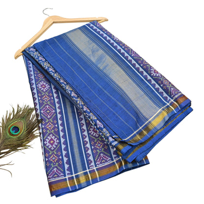 Indian Vintage Blue Single Ikat Sambalpuri Patola Saree  100% Pure Silk Handwoven 5 Yards Zari Border Craft Fabric