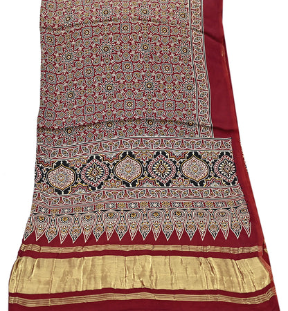Indian Vintage Maroon Dupatta Long Stole Ajrakh Print Pure Satin silk Scarves Scarf Veil Wrap Boho Soft Paisley