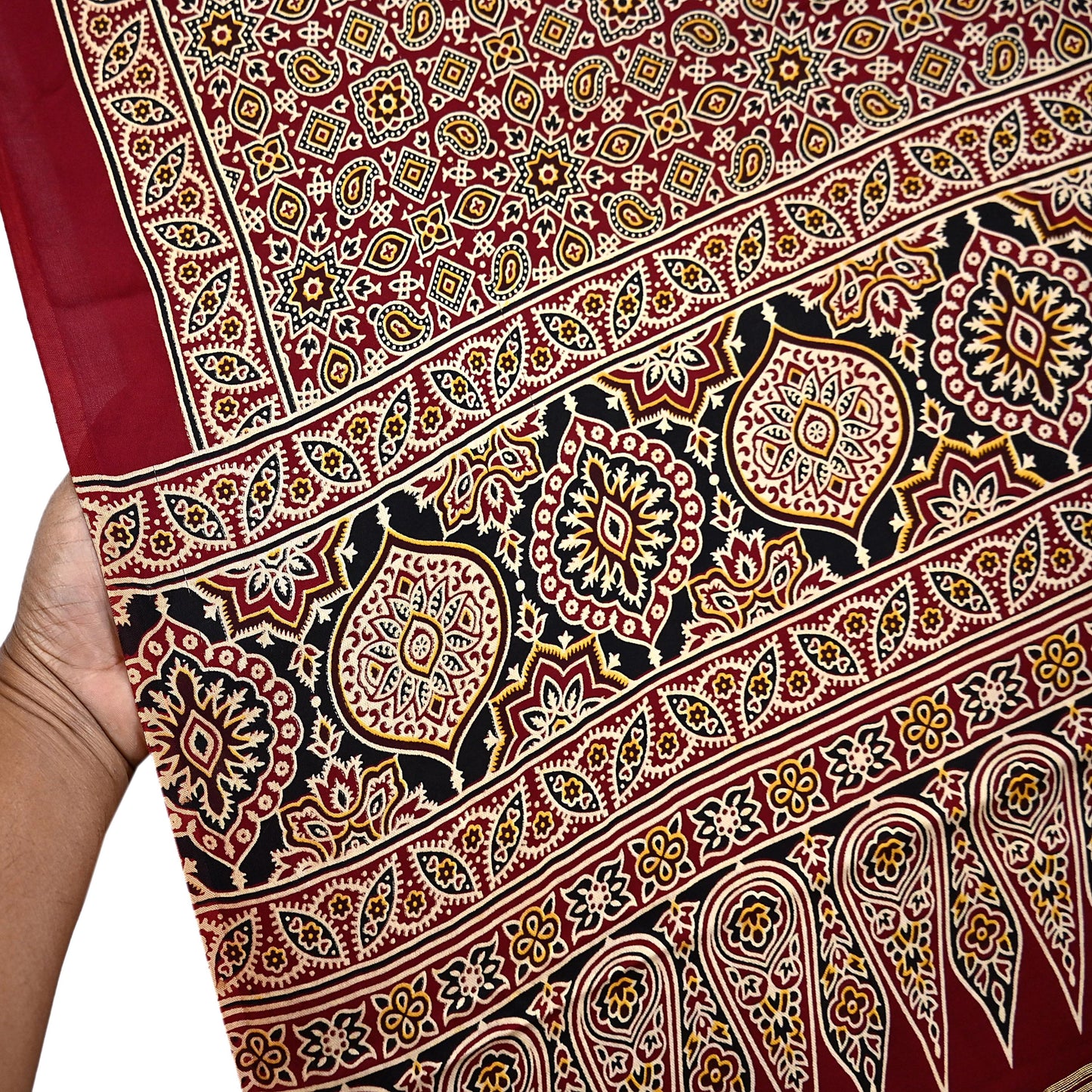Indian Vintage Maroon Dupatta Long Stole Ajrakh Print Pure Satin silk Scarves Scarf Veil Wrap Boho Soft Paisley