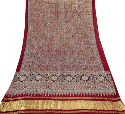Indian Vintage Maroon Dupatta Long Stole Ajrakh Print Pure Satin silk Scarves Scarf Veil Wrap Boho Soft Paisley