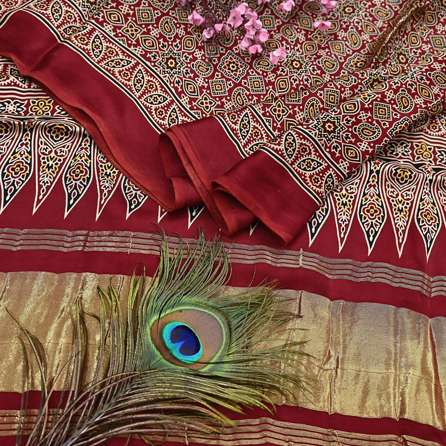 Indian Vintage Maroon Dupatta Long Stole Ajrakh Print Pure Satin silk Scarves Scarf Veil Wrap Boho Soft Paisley