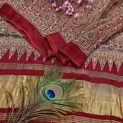 Indian Vintage Maroon Dupatta Long Stole Ajrakh Print Pure Satin silk Scarves Scarf Veil Wrap Boho Soft Paisley