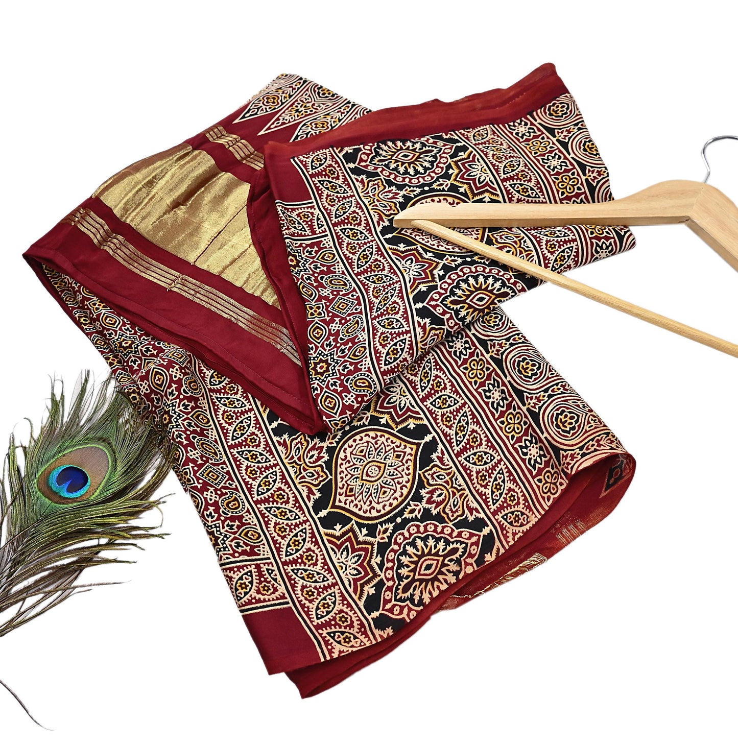 Indian Vintage Maroon Dupatta Long Stole Ajrakh Print Pure Satin silk Scarves Scarf Veil Wrap Boho Soft Paisley