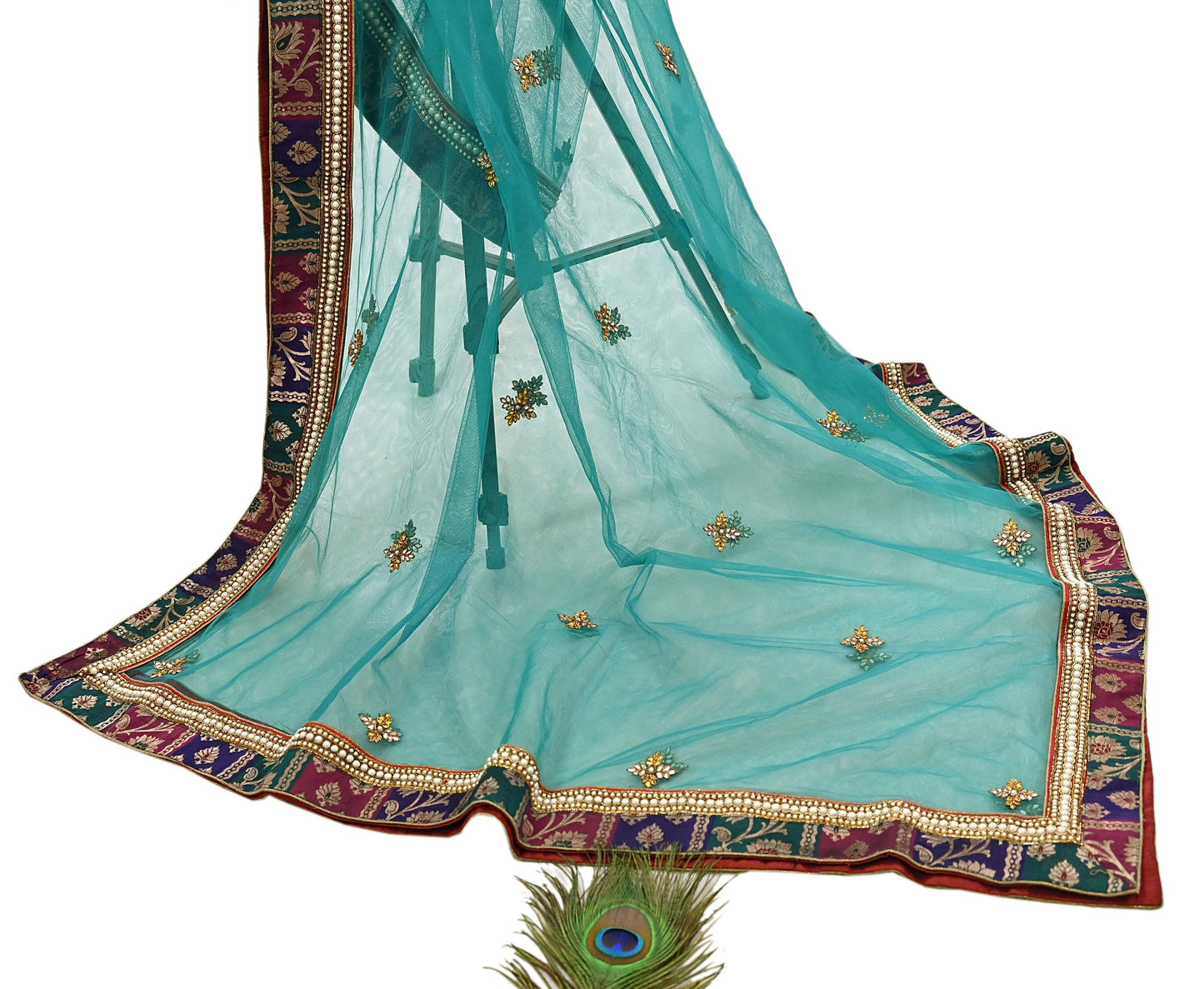 Indian Vintage Heavy Bridal Green Net Dupatta | Hand Embroidered Zardozi Zari Sequins Stole | Floral Design Hijab Veil | Wedding/Party Wear