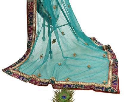 Indian Vintage Heavy Bridal Green Net Dupatta | Hand Embroidered Zardozi Zari Sequins Stole | Floral Design Hijab Veil | Wedding/Party Wear