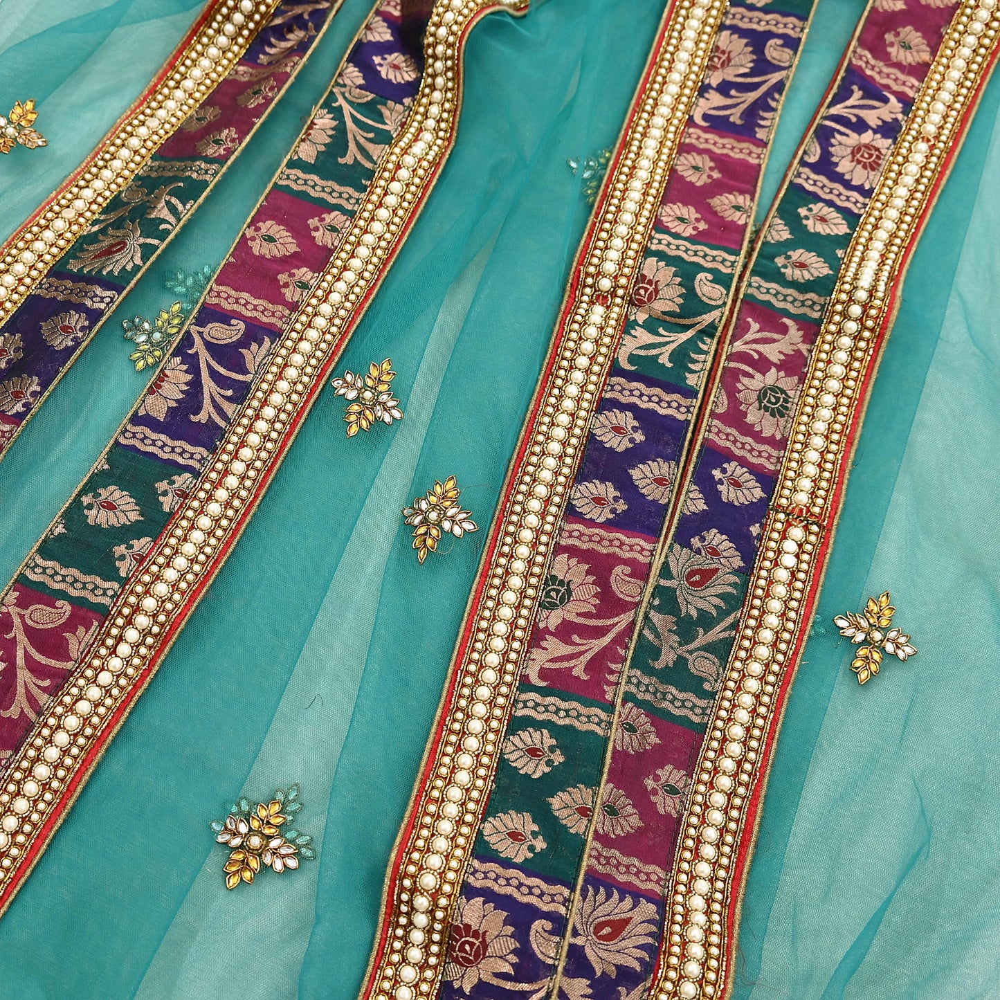 Indian Vintage Heavy Bridal Green Net Dupatta | Hand Embroidered Zardozi Zari Sequins Stole | Floral Design Hijab Veil | Wedding/Party Wear