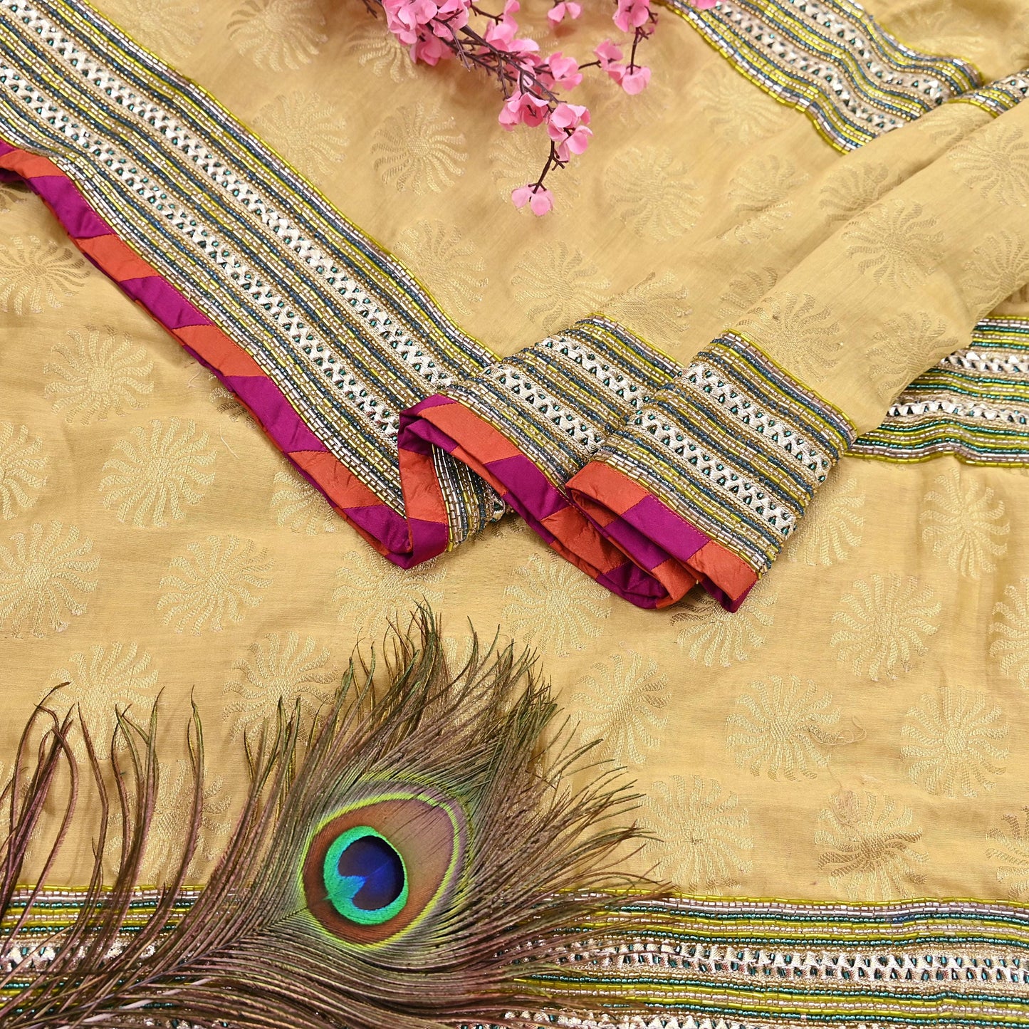 Indian Vintage Yellow Dupatta Pure Silk Long Stole Hand Embroidered Scarves Sequins Veil Wrap Hijab