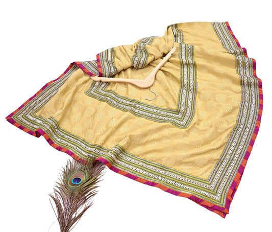Indian Vintage Yellow Dupatta Pure Silk Long Stole Hand Embroidered Scarves Sequins Veil Wrap Hijab
