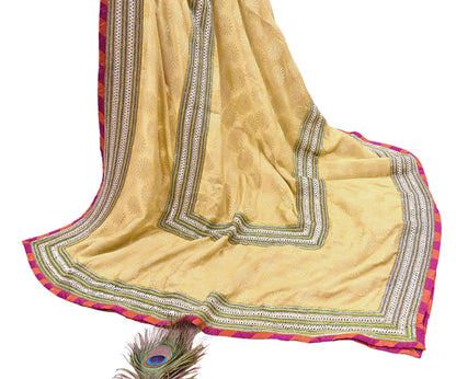 Indian Vintage Yellow Dupatta Pure Silk Long Stole Hand Embroidered Scarves Sequins Veil Wrap Hijab