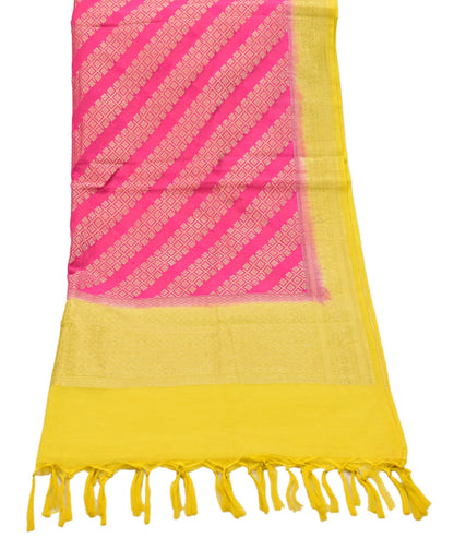 Indian Vintage Pink Chanderi Brocade Dupatta Floral Zari Woven Scarf veil fringes work