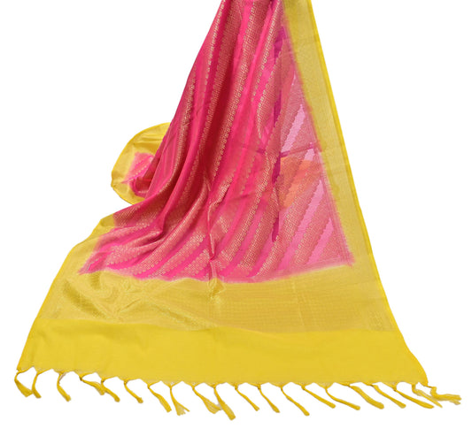 Indian Vintage Pink Chanderi Brocade Dupatta Floral Zari Woven Scarf veil fringes work