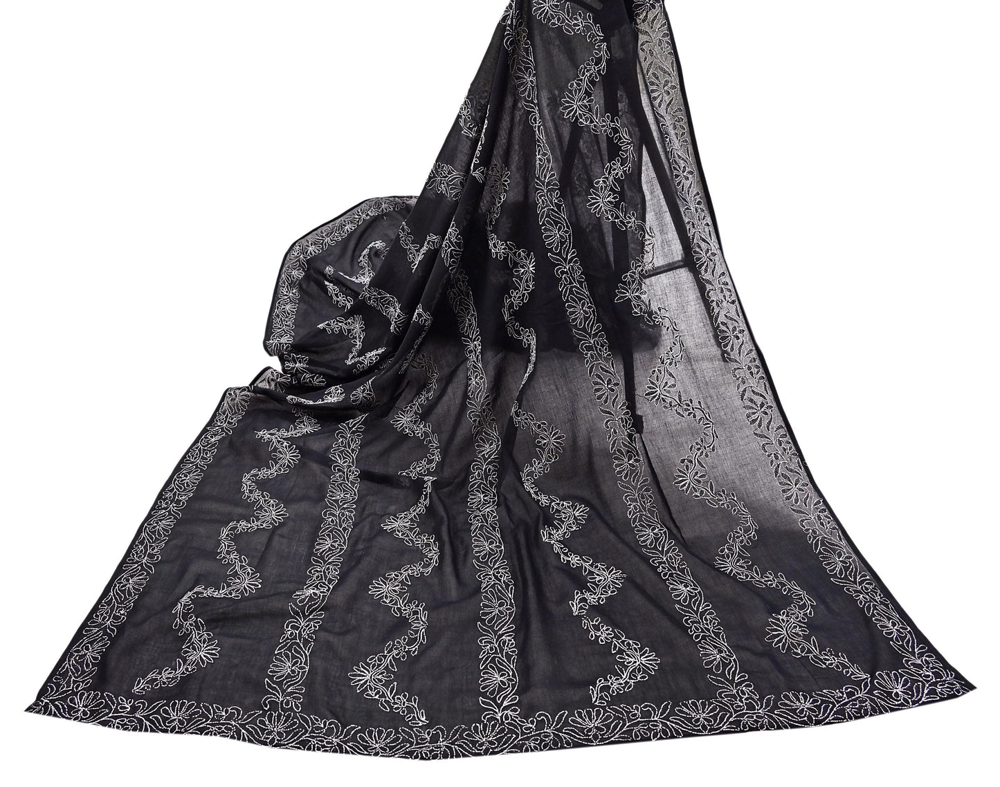 Indian Vintage Dupatta Black Long Stole Cotton Handmade Chikankari Scarves Veil Scarf Wrap Hippie Boho Soft