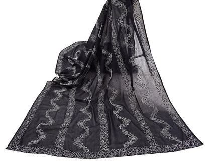 Indian Vintage Dupatta Black Long Stole Cotton Handmade Chikankari Scarves Veil Scarf Wrap Hippie Boho Soft