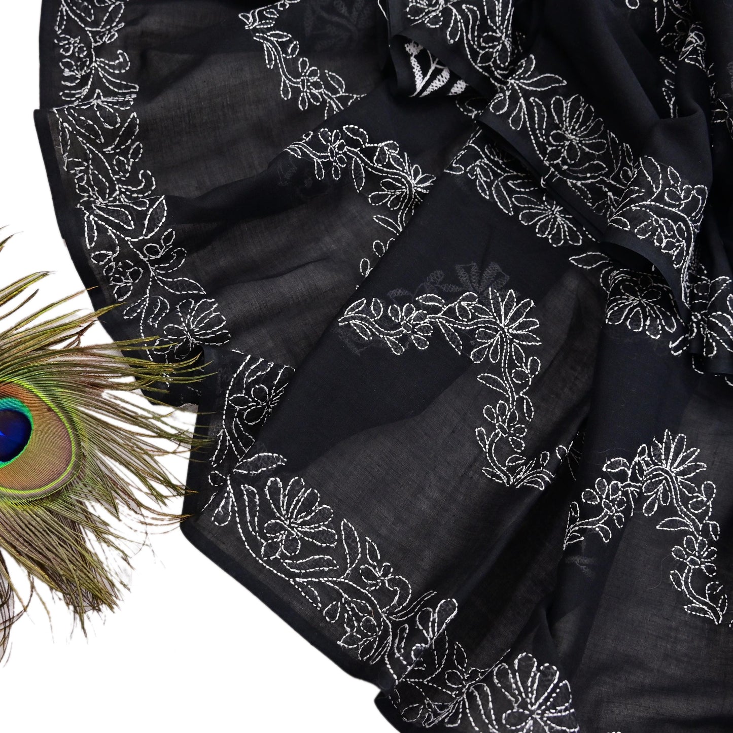 Indian Vintage Dupatta Black Long Stole Cotton Handmade Chikankari Scarves Veil Scarf Wrap Hippie Boho Soft