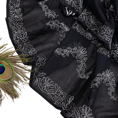 Indian Vintage Dupatta Black Long Stole Cotton Handmade Chikankari Scarves Veil Scarf Wrap Hippie Boho Soft