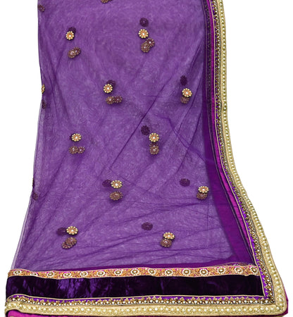 Indian Vintage Heavy Wedding Purple Dupatta Net Mesh Long Stole Hand Embroidered Scarves Golden Zardozi Dabka Zari Stole