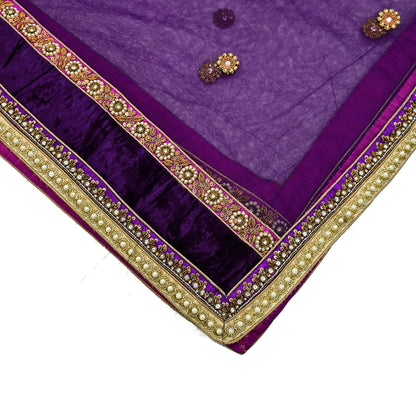 Indian Vintage Heavy Wedding Purple Dupatta Net Mesh Long Stole Hand Embroidered Scarves Golden Zardozi Dabka Zari Stole