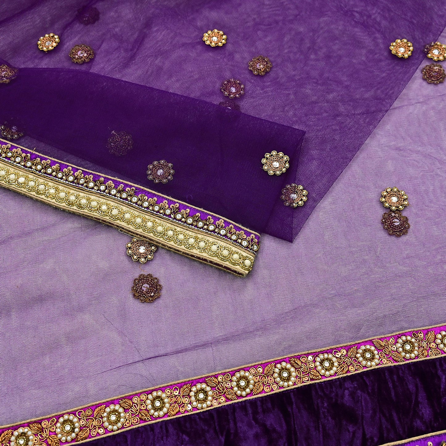 Indian Vintage Heavy Wedding Purple Dupatta Net Mesh Long Stole Hand Embroidered Scarves Golden Zardozi Dabka Zari Stole