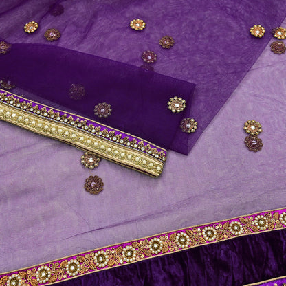 Indian Vintage Heavy Wedding Purple Dupatta Net Mesh Long Stole Hand Embroidered Scarves Golden Zardozi Dabka Zari Stole