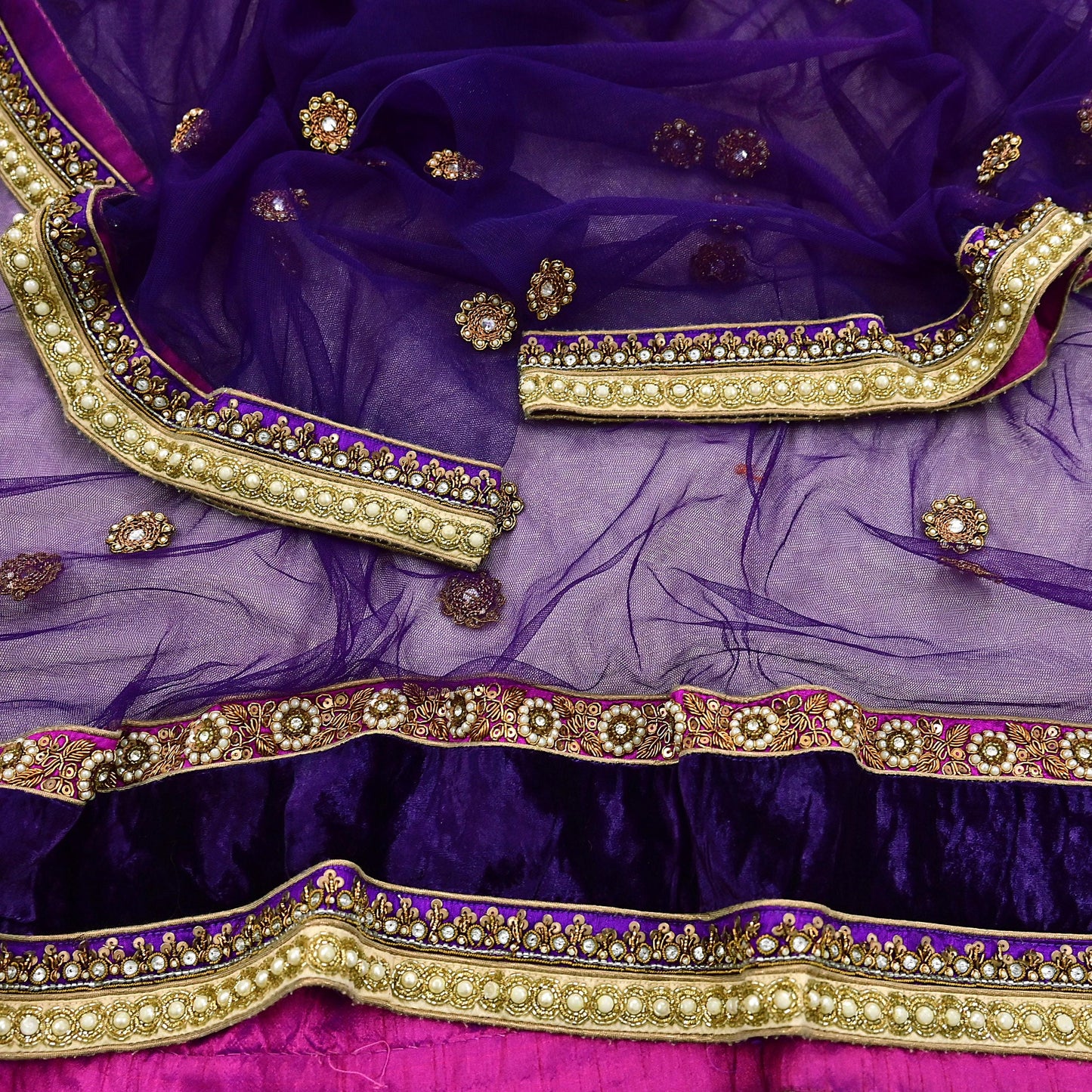 Indian Vintage Heavy Wedding Purple Dupatta Net Mesh Long Stole Hand Embroidered Scarves Golden Zardozi Dabka Zari Stole