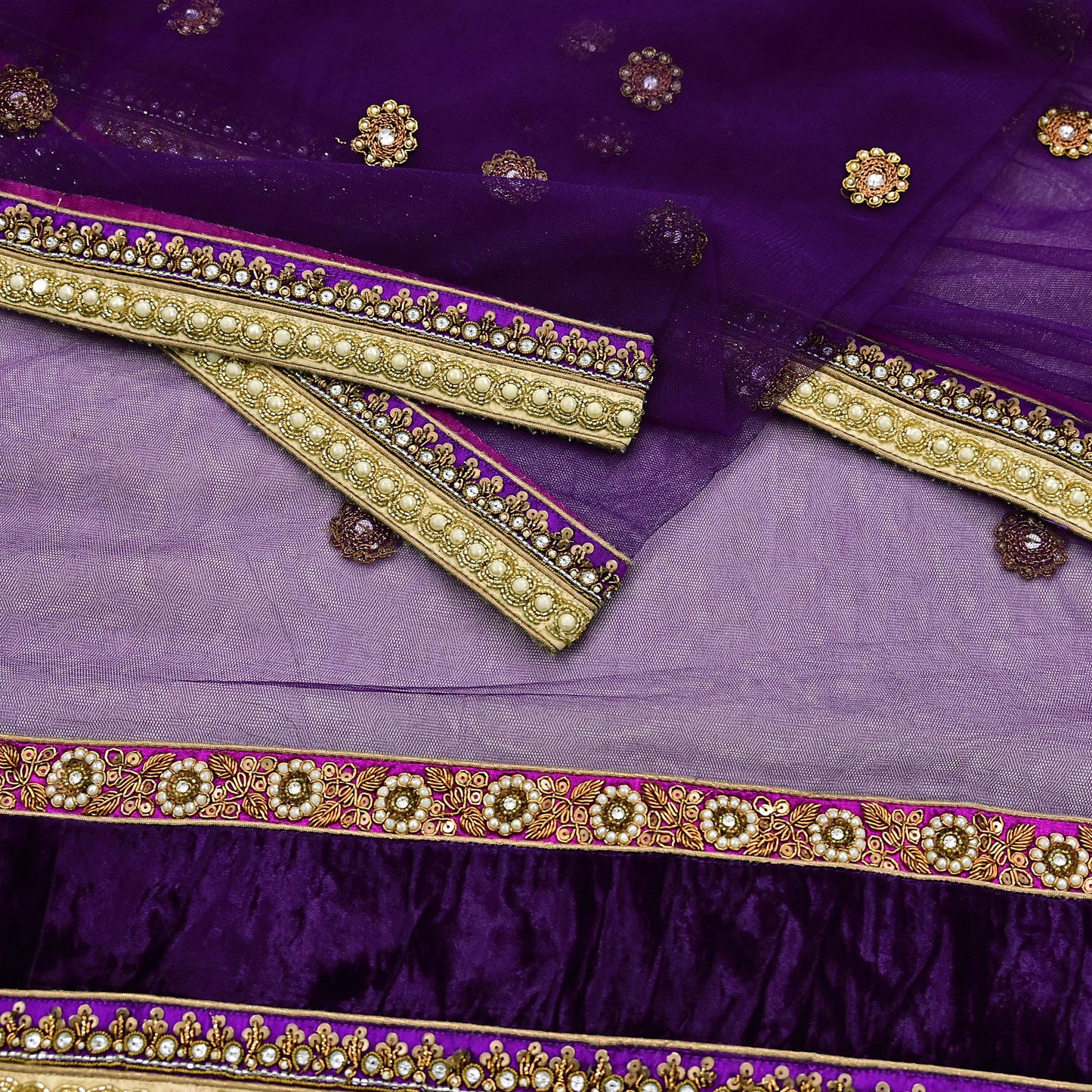 Indian Vintage Heavy Wedding Purple Dupatta Net Mesh Long Stole Hand Embroidered Scarves Golden Zardozi Dabka Zari Stole