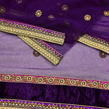 Indian Vintage Heavy Wedding Purple Dupatta Net Mesh Long Stole Hand Embroidered Scarves Golden Zardozi Dabka Zari Stole