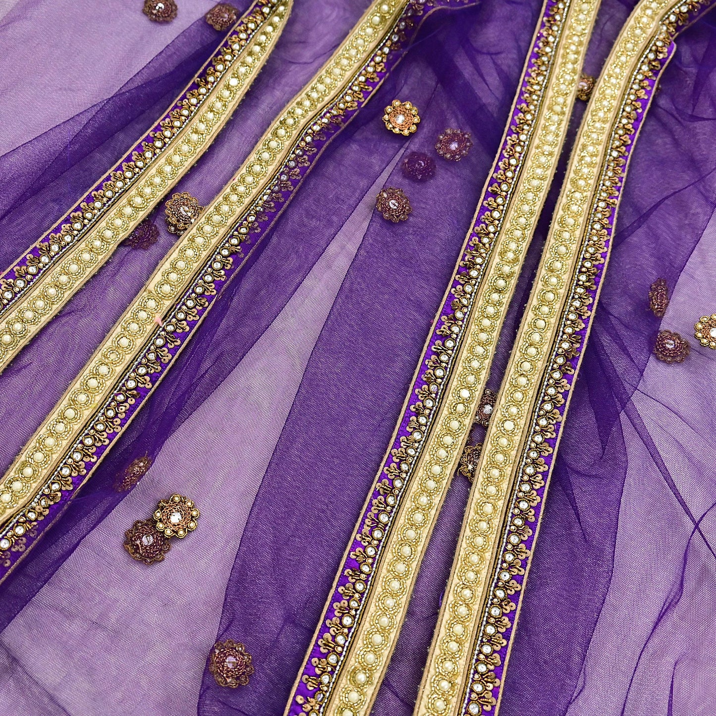 Indian Vintage Heavy Wedding Purple Dupatta Net Mesh Long Stole Hand Embroidered Scarves Golden Zardozi Dabka Zari Stole