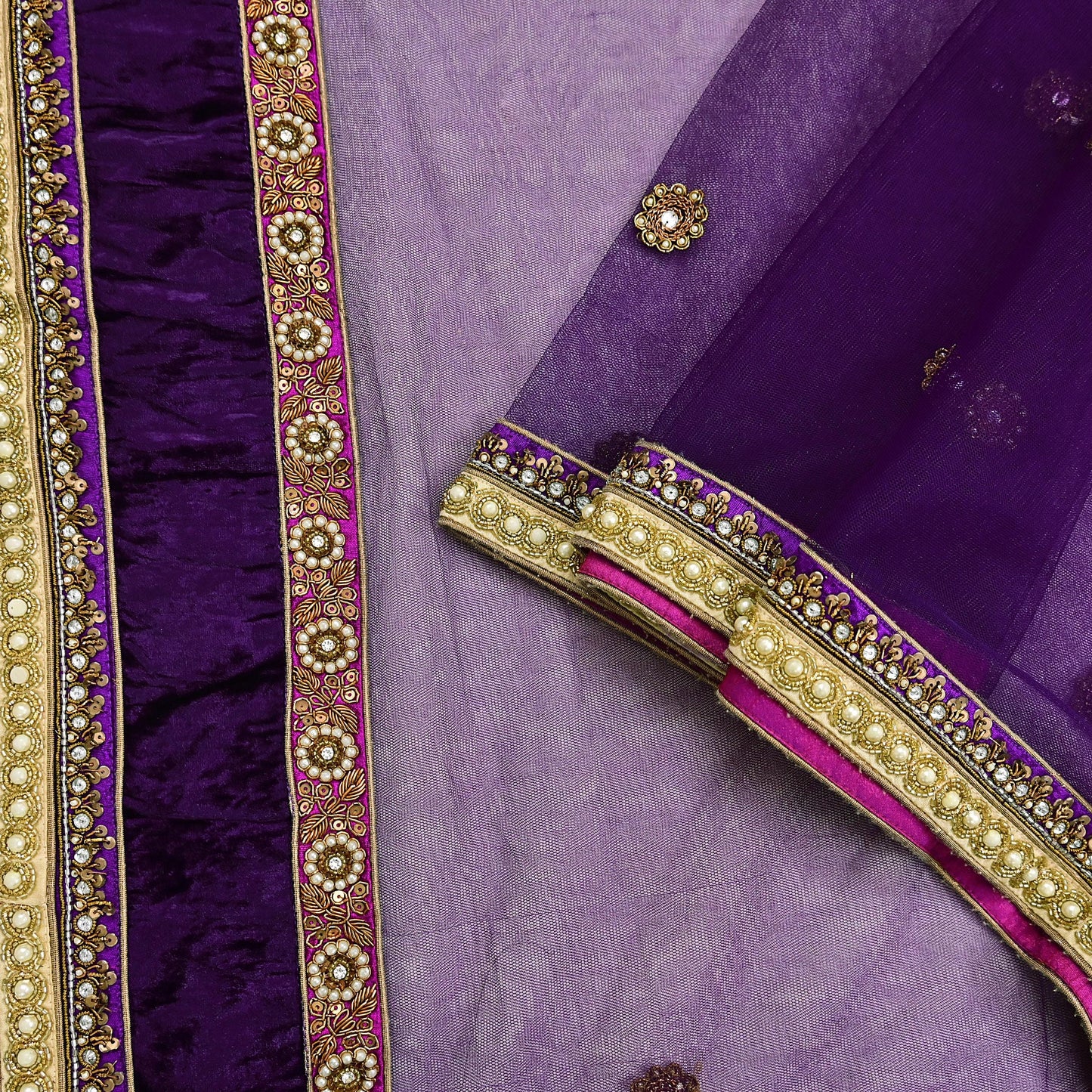 Indian Vintage Heavy Wedding Purple Dupatta Net Mesh Long Stole Hand Embroidered Scarves Golden Zardozi Dabka Zari Stole