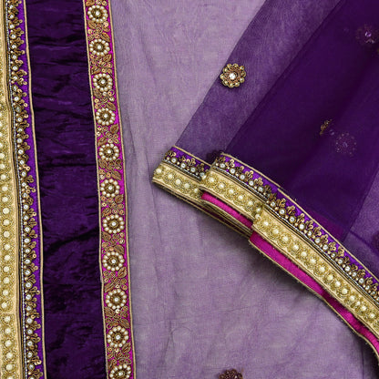Indian Vintage Heavy Wedding Purple Dupatta Net Mesh Long Stole Hand Embroidered Scarves Golden Zardozi Dabka Zari Stole