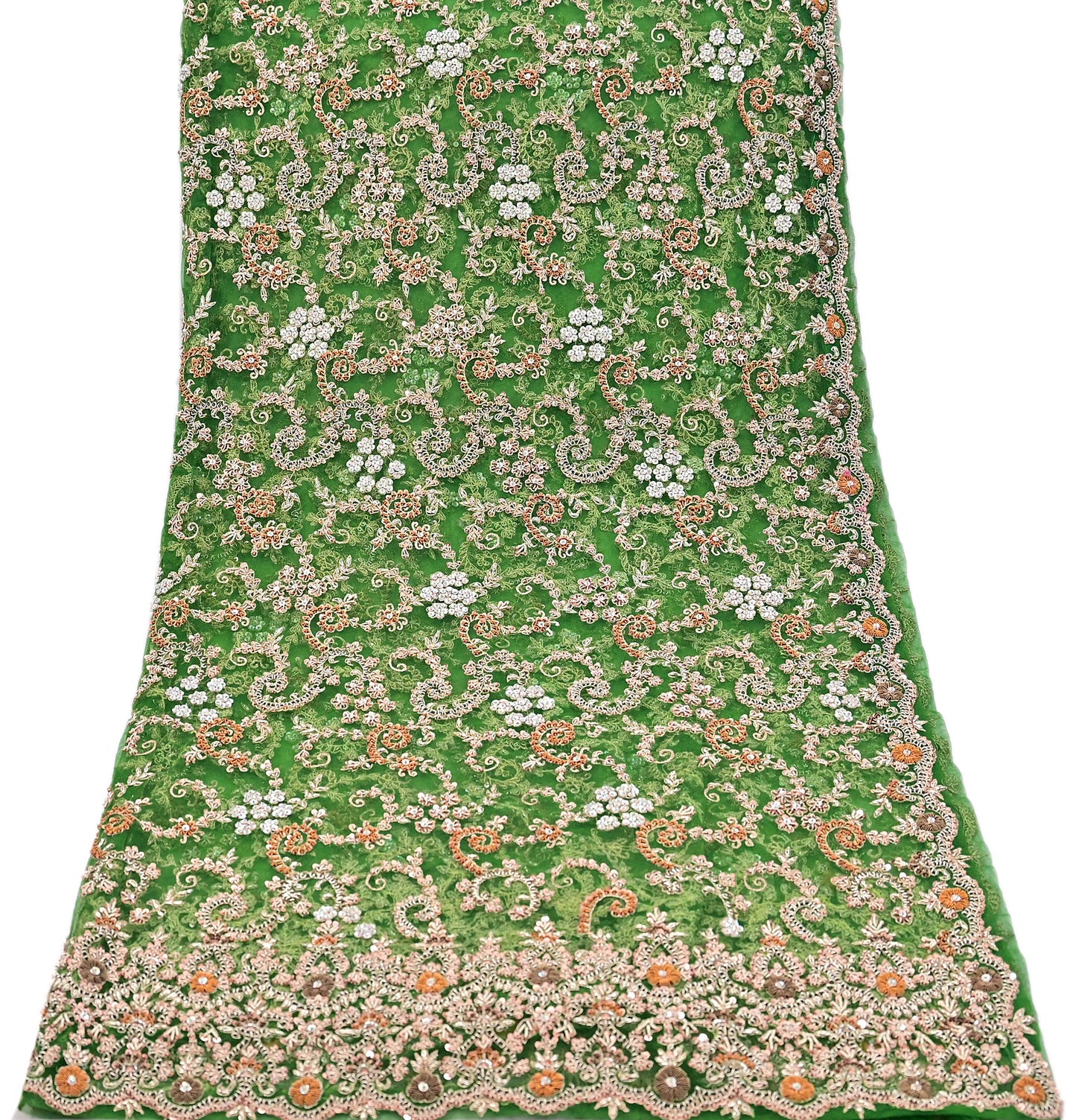 Indian Vintage Heavy Bridal Dupatta Hand Embroidered Green Net Mesh Veil Zardozi, Zari, Sequins Work Long Stole, Scarf, Hijab