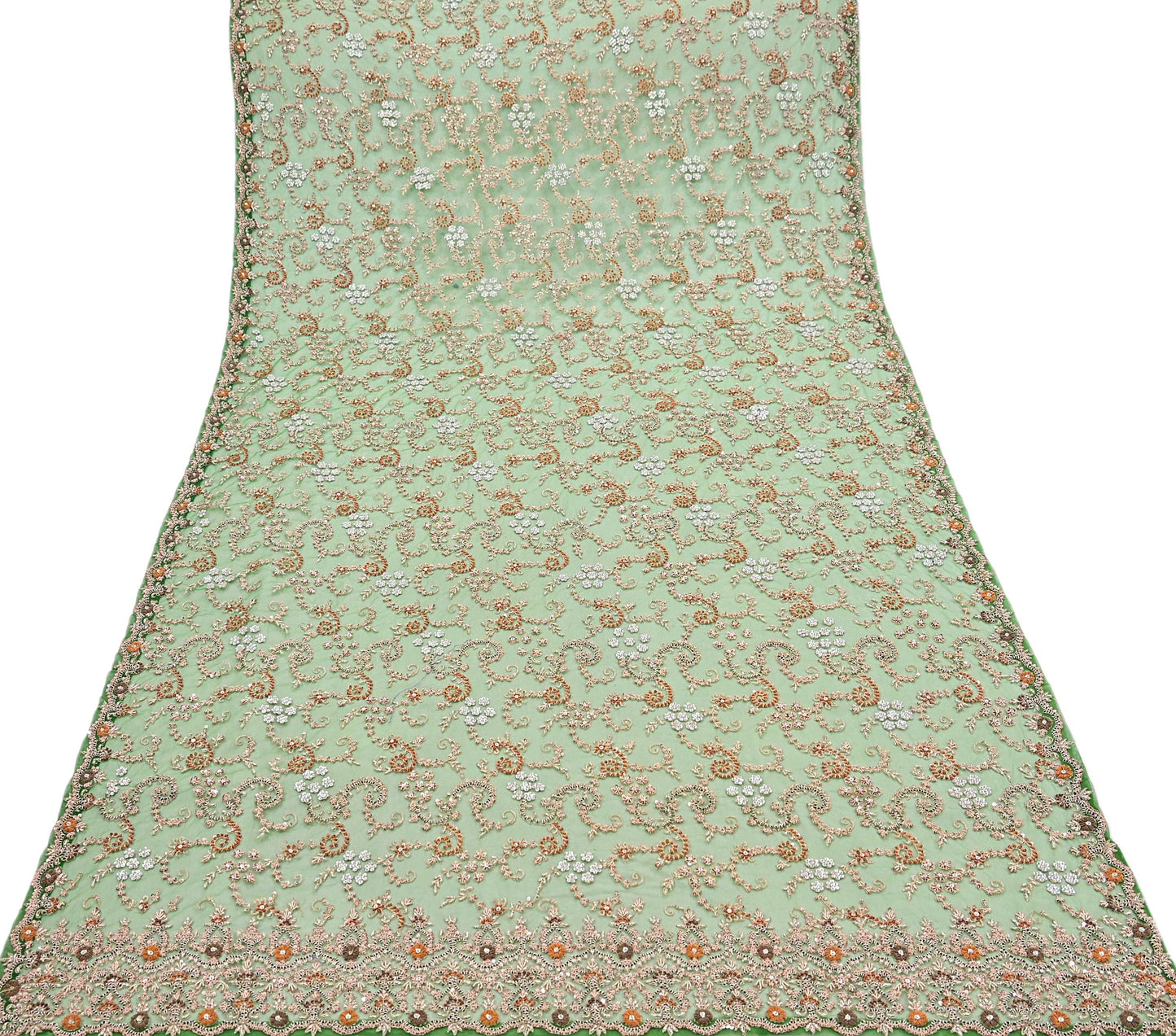 Indian Vintage Heavy Bridal Dupatta Hand Embroidered Green Net Mesh Veil Zardozi, Zari, Sequins Work Long Stole, Scarf, Hijab