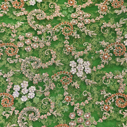 Indian Vintage Heavy Bridal Dupatta Hand Embroidered Green Net Mesh Veil Zardozi, Zari, Sequins Work Long Stole, Scarf, Hijab