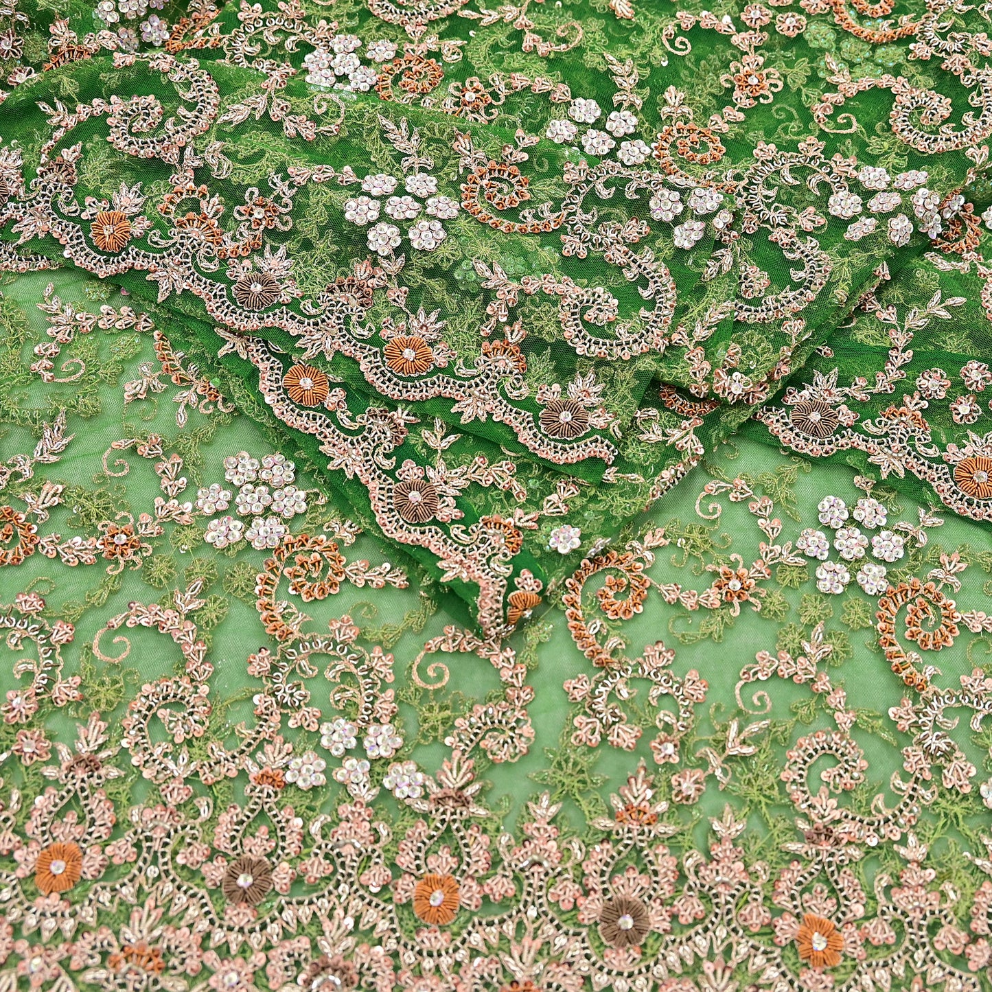 Indian Vintage Heavy Bridal Dupatta Hand Embroidered Green Net Mesh Veil Zardozi, Zari, Sequins Work Long Stole, Scarf, Hijab