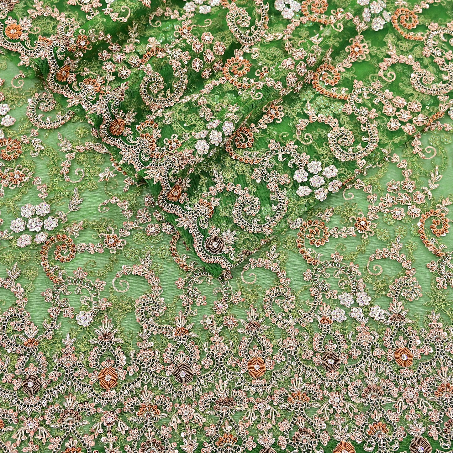 Indian Vintage Heavy Bridal Dupatta Hand Embroidered Green Net Mesh Veil Zardozi, Zari, Sequins Work Long Stole, Scarf, Hijab