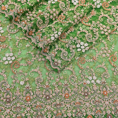Indian Vintage Heavy Bridal Dupatta Hand Embroidered Green Net Mesh Veil Zardozi, Zari, Sequins Work Long Stole, Scarf, Hijab