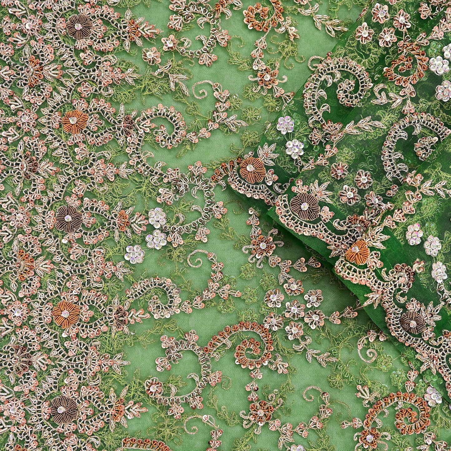 Indian Vintage Heavy Bridal Dupatta Hand Embroidered Green Net Mesh Veil Zardozi, Zari, Sequins Work Long Stole, Scarf, Hijab