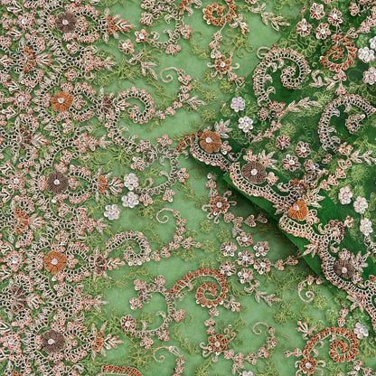 Indian Vintage Heavy Bridal Dupatta Hand Embroidered Green Net Mesh Veil Zardozi, Zari, Sequins Work Long Stole, Scarf, Hijab