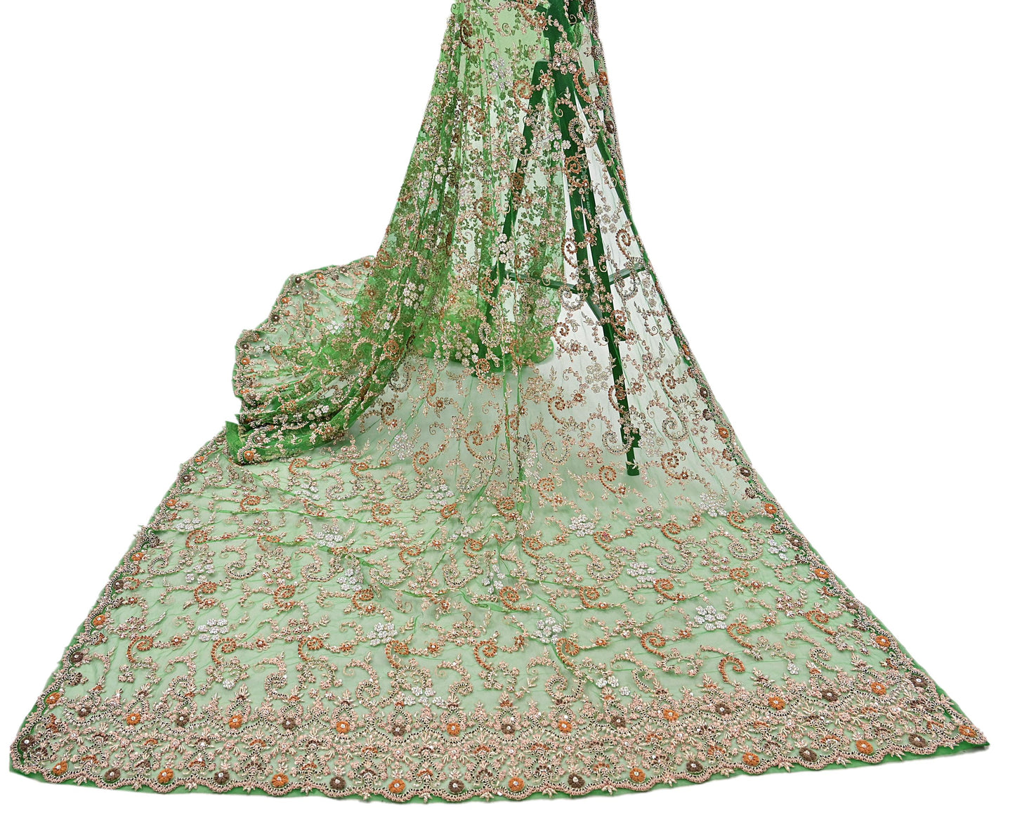 Indian Vintage Heavy Bridal Dupatta Hand Embroidered Green Net Mesh Veil Zardozi, Zari, Sequins Work Long Stole, Scarf, Hijab