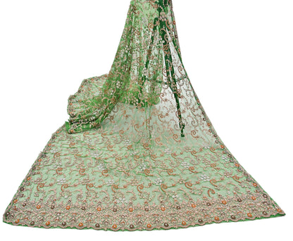 Indian Vintage Heavy Bridal Dupatta Hand Embroidered Green Net Mesh Veil Zardozi, Zari, Sequins Work Long Stole, Scarf, Hijab