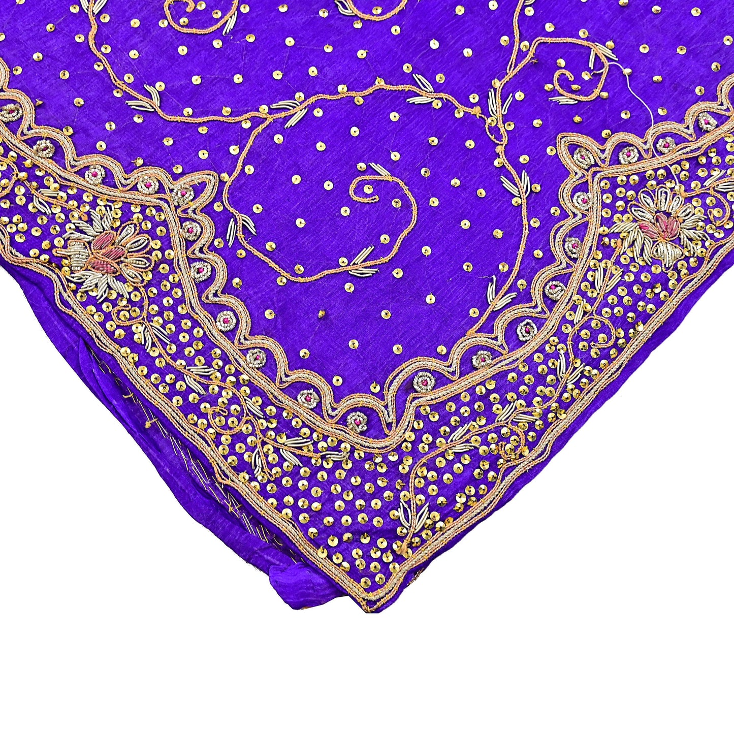 Indian Vintage Dupatta Purple Pure Chiffon Silk Long Stole Hand Embroidered Hijab Scarf Zardozi/Dabka Zari 1980s Wedding Dupatta