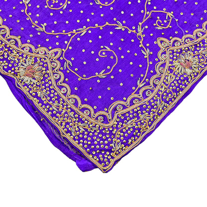 Indian Vintage Dupatta Purple Pure Chiffon Silk Long Stole Hand Embroidered Hijab Scarf Zardozi/Dabka Zari 1980s Wedding Dupatta