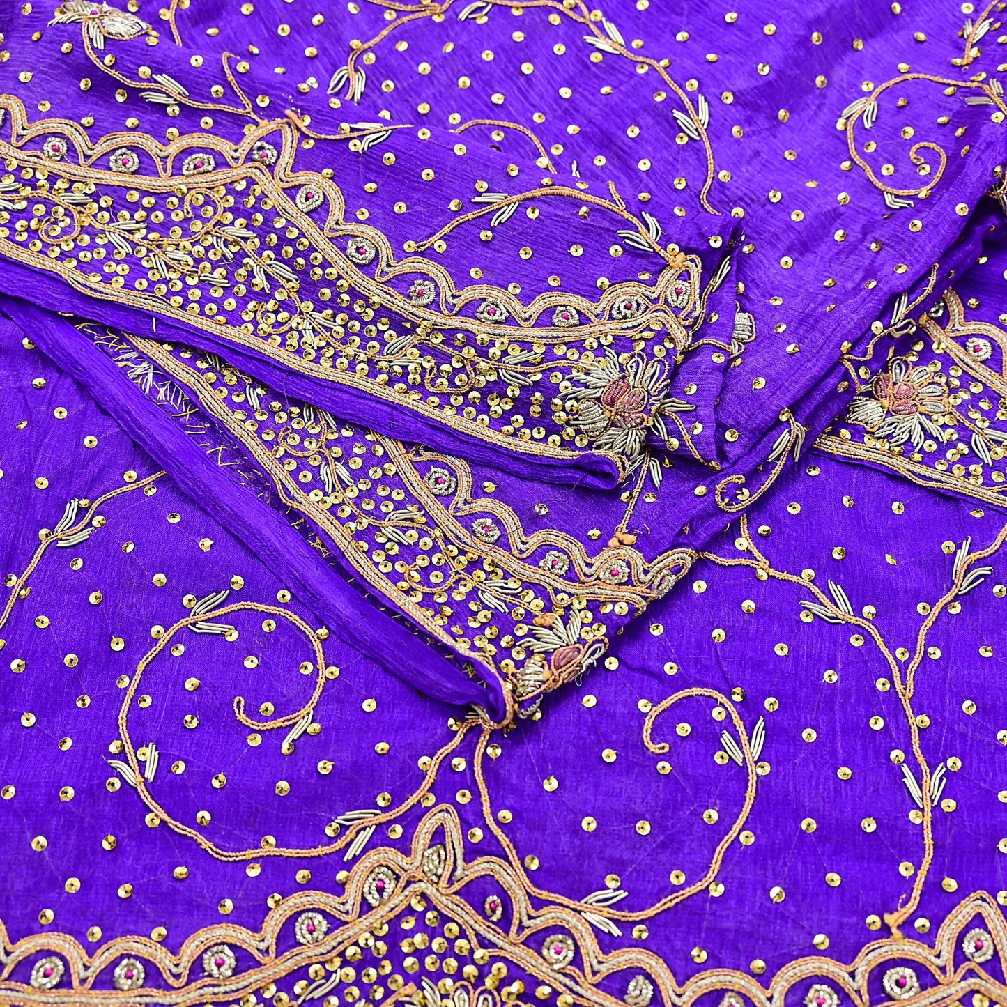 Indian Vintage Dupatta Purple Pure Chiffon Silk Long Stole Hand Embroidered Hijab Scarf Zardozi/Dabka Zari 1980s Wedding Dupatta