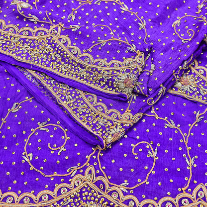 Indian Vintage Dupatta Purple Pure Chiffon Silk Long Stole Hand Embroidered Hijab Scarf Zardozi/Dabka Zari 1980s Wedding Dupatta
