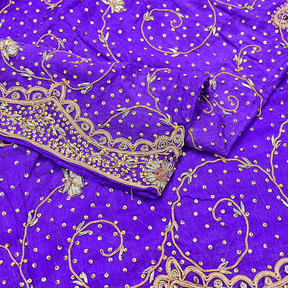 Indian Vintage Dupatta Purple Pure Chiffon Silk Long Stole Hand Embroidered Hijab Scarf Zardozi/Dabka Zari 1980s Wedding Dupatta