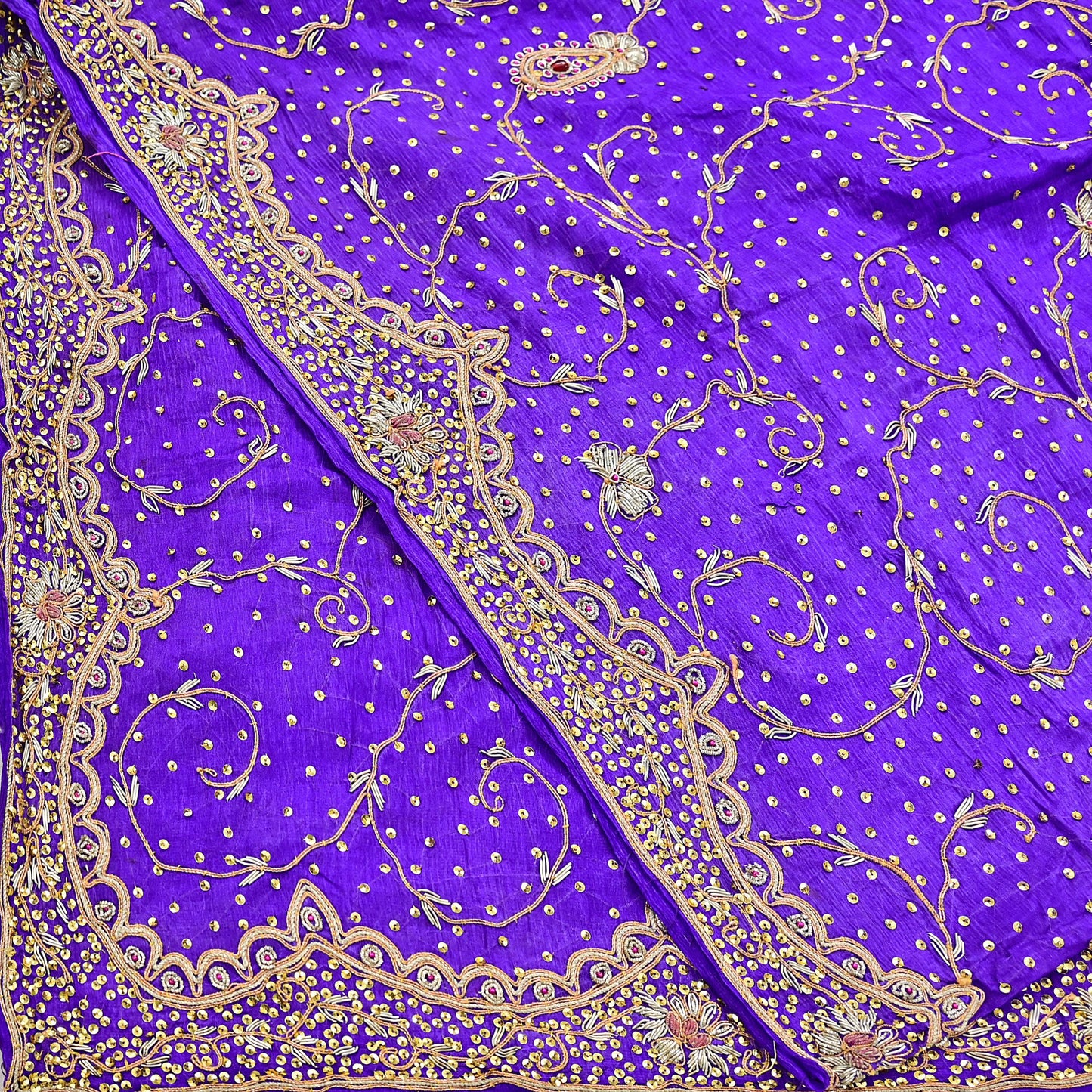 Indian Vintage Dupatta Purple Pure Chiffon Silk Long Stole Hand Embroidered Hijab Scarf Zardozi/Dabka Zari 1980s Wedding Dupatta