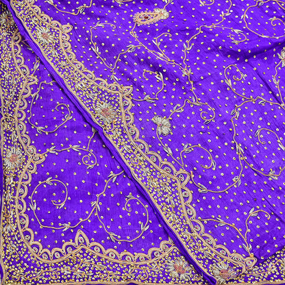 Indian Vintage Dupatta Purple Pure Chiffon Silk Long Stole Hand Embroidered Hijab Scarf Zardozi/Dabka Zari 1980s Wedding Dupatta
