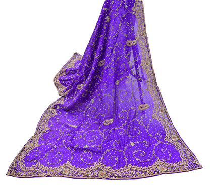 Indian Vintage Dupatta Purple Pure Chiffon Silk Long Stole Hand Embroidered Hijab Scarf Zardozi/Dabka Zari 1980s Wedding Dupatta