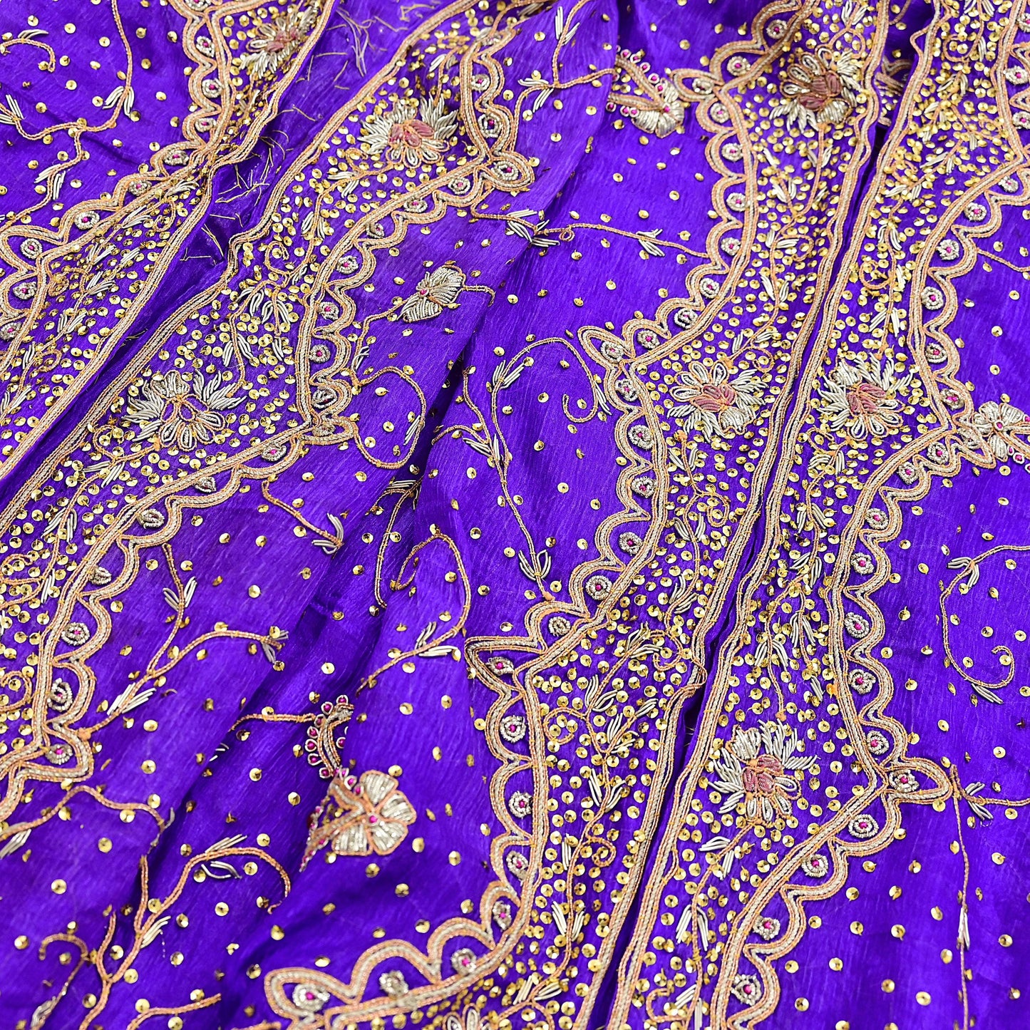 Indian Vintage Dupatta Purple Pure Chiffon Silk Long Stole Hand Embroidered Hijab Scarf Zardozi/Dabka Zari 1980s Wedding Dupatta