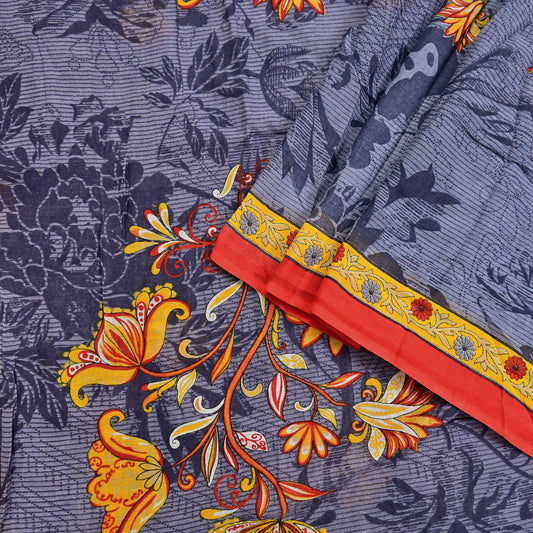 Indian Vintage Gray Saree Printed Pure Cotton Indian Sari Craft Fabric 5Yd Sewing Soft Sarong Wrap Boho Floral Quilting Crafting