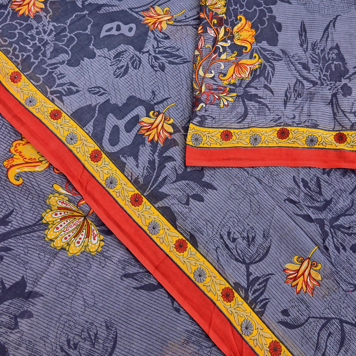 Indian Vintage Gray Saree Printed Pure Cotton Indian Sari Craft Fabric 5Yd Sewing Soft Sarong Wrap Boho Floral Quilting Crafting